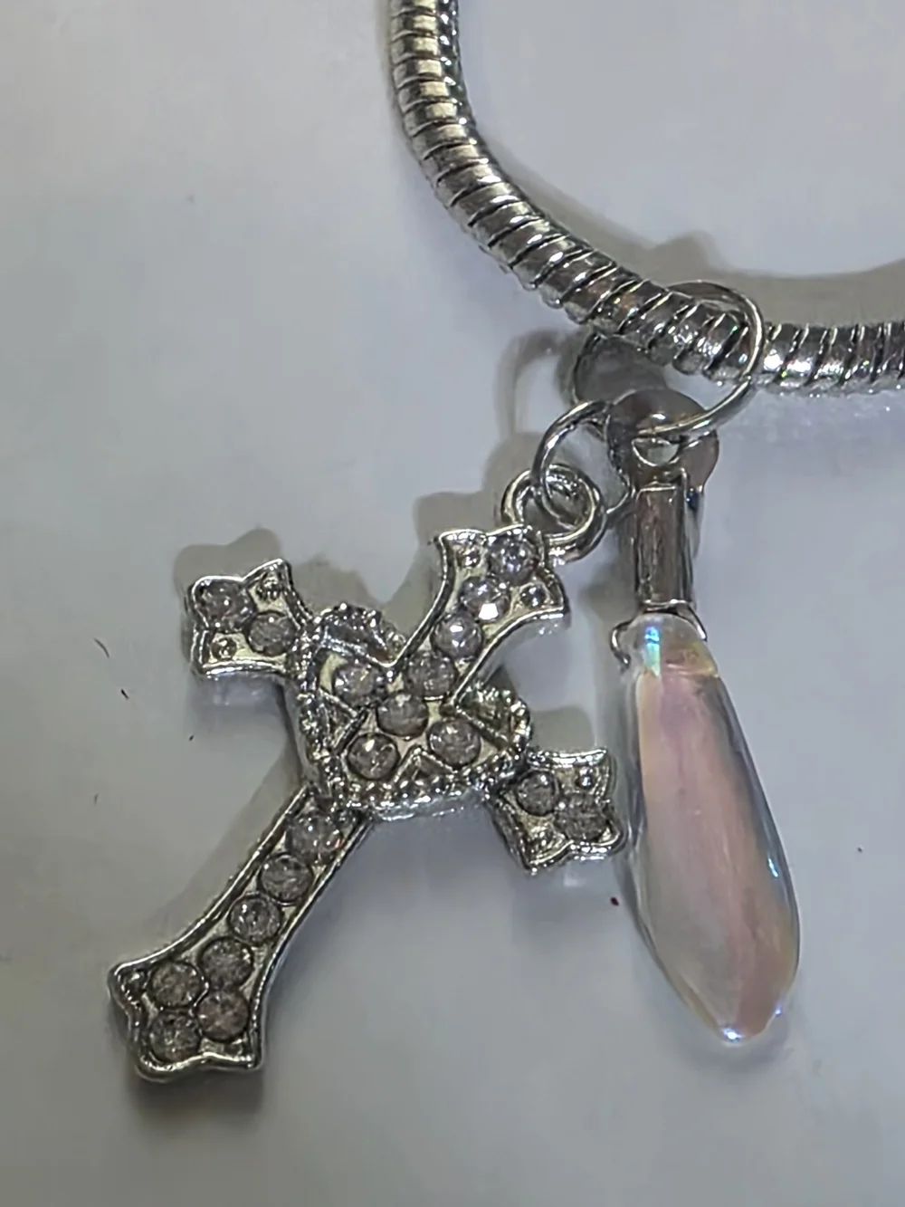 Silver Rhinestone Cross & Opaline Teardrop Snake Chain Bracelet